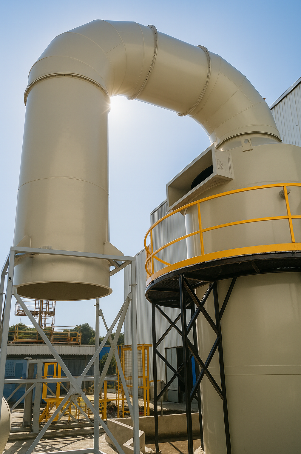 Scrubber de torre empacada con ductería y plataforma de mantenimiento en planta industrial – control de emisiones MCAT