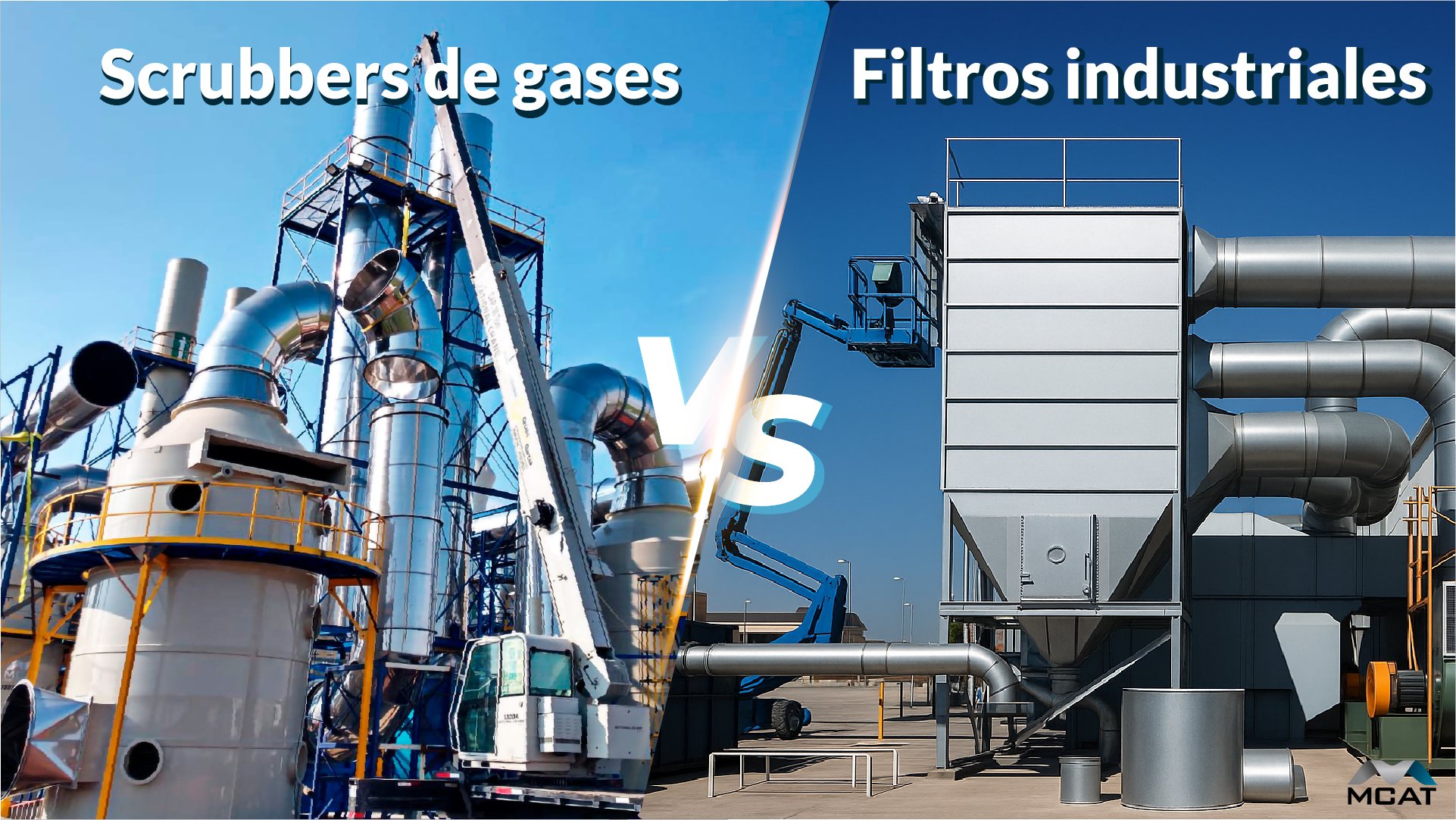 Comparativa: scrubber de gases a la izquierda y sistema de filtros industriales a la derecha, con ductería en planta. Scrubbers de gases vs filtros industriales (comparativa MCAT)