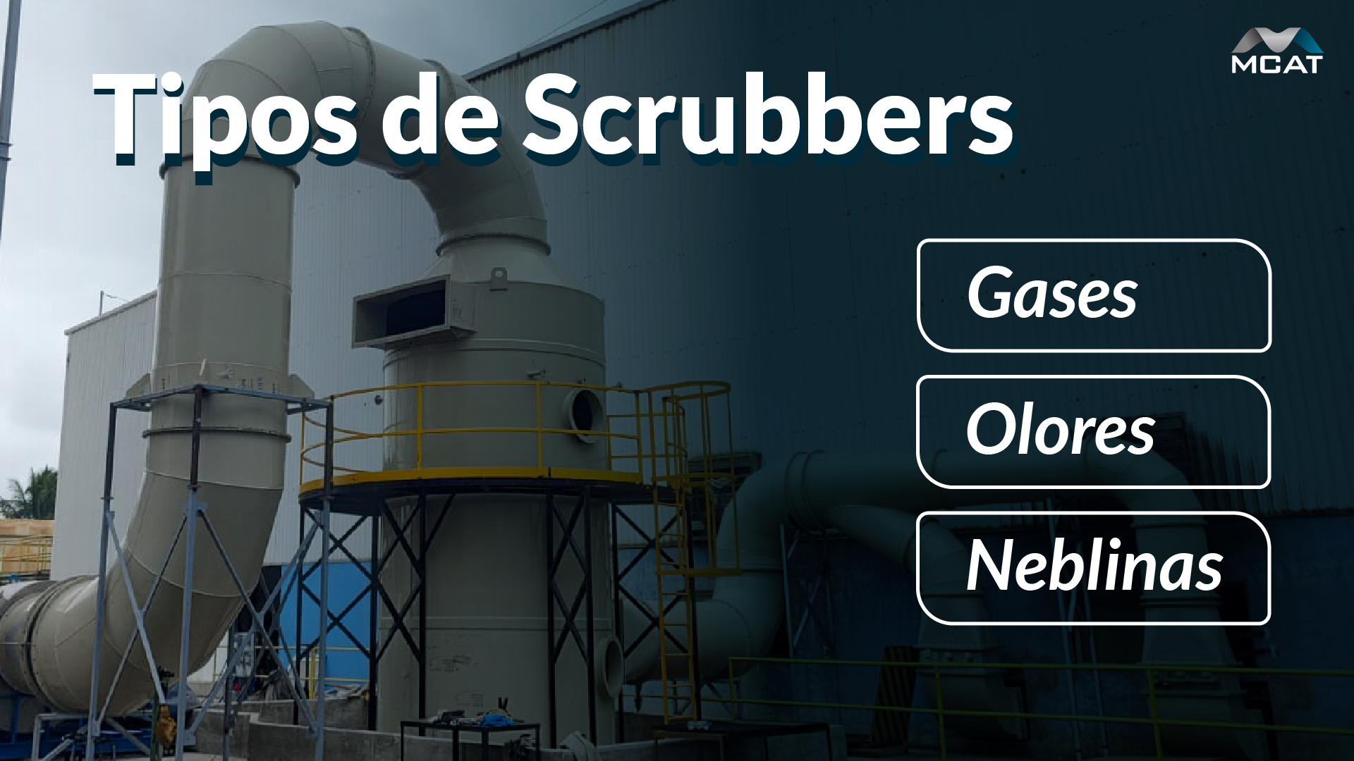 Fotografía de un scrubber industrial con ductería; texto “Tipos de Scrubbers: Gases, Olores y Neblinas” y logo MCAT.