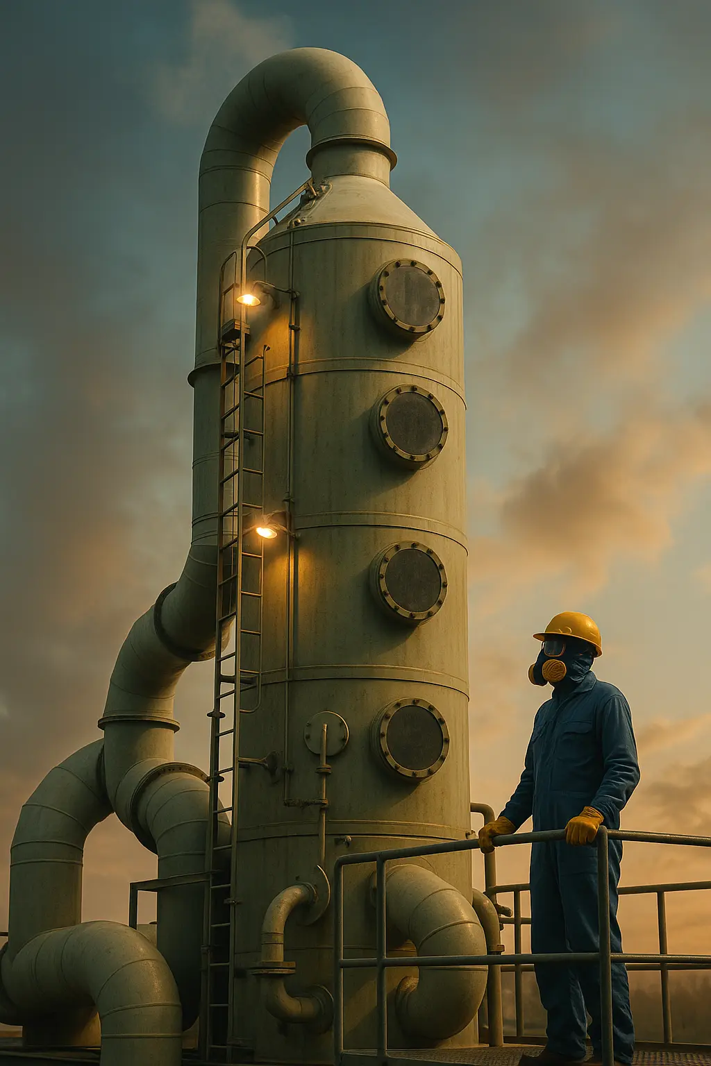 Torre vertical de biolavador de gases con ductería industrial y técnico supervisando el sistema bajo iluminación cálida al atardecer.