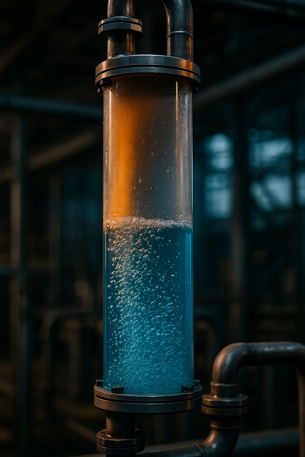 Columna vertical de absorción química donde un gas anaranjado entra en contacto con un líquido azul en un lavador de gases industrial
