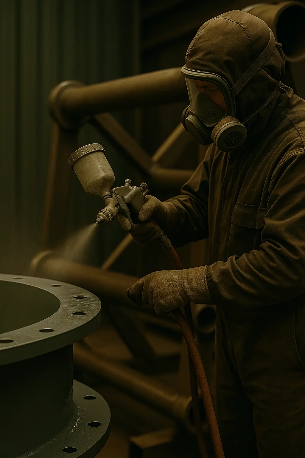 Ingeniero con equipo de protección aplicando recubrimiento epóxico sobre pieza metálica para prevenir la corrosión en sistemas industriales.