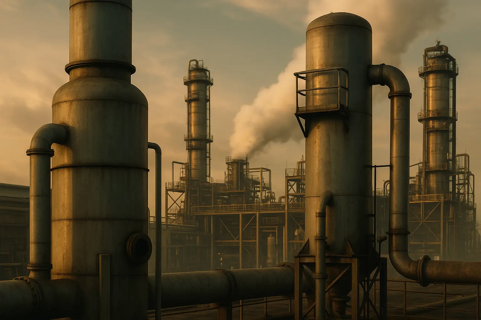 Vista cinematográfica de una planta industrial con scrubbers y torres empacadas para el control de gases, nieblas y partículas en emisiones industriales.