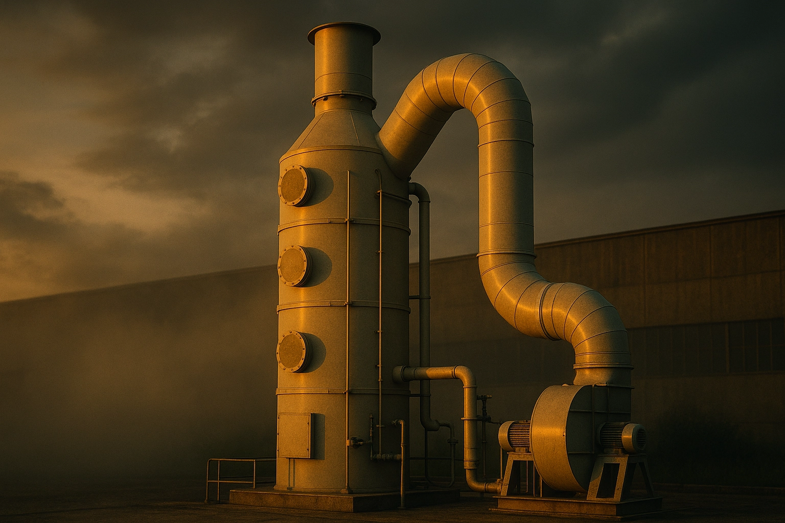 Lavadores químicos industriales conectados por ductos y tuberías controlando gases en una planta al atardecer
