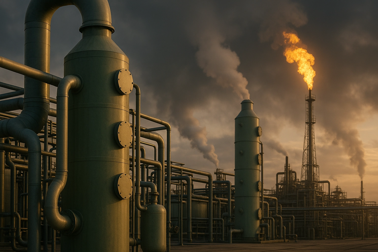 Torres verdes de tratamiento de gases y una red de ductos industriales controlando emisiones volátiles VOC al atardecer